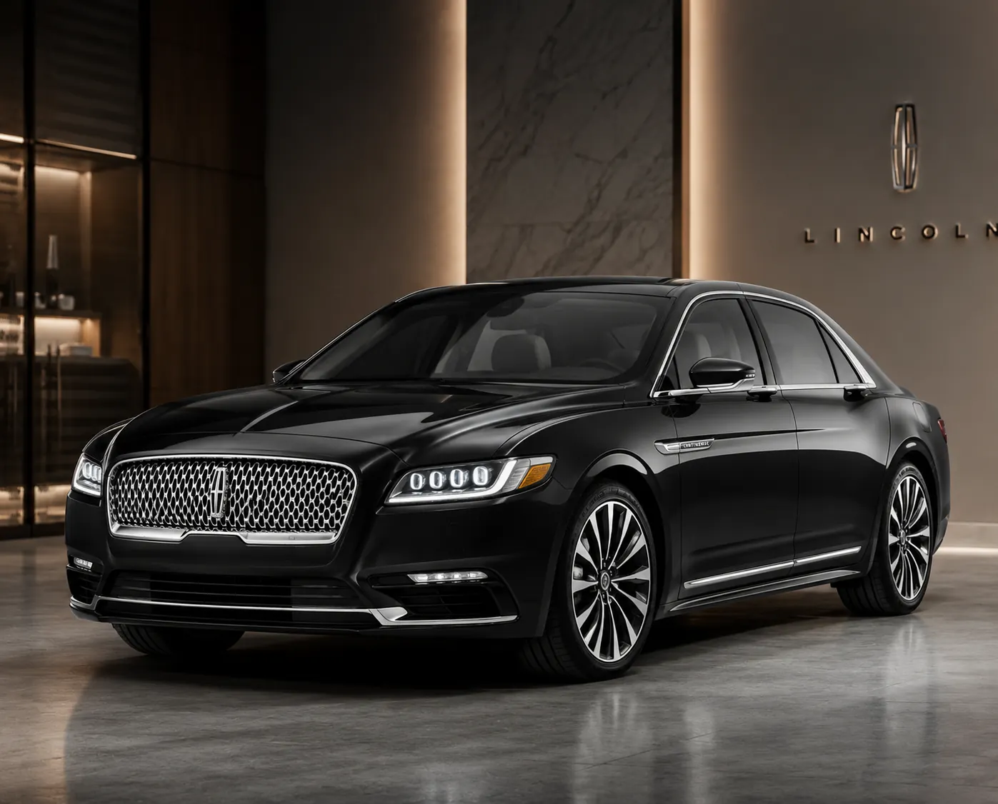 Black Lincoln Continental luxury sedan parked in a modern premium showroom with soft lighting and elegant interior background.
