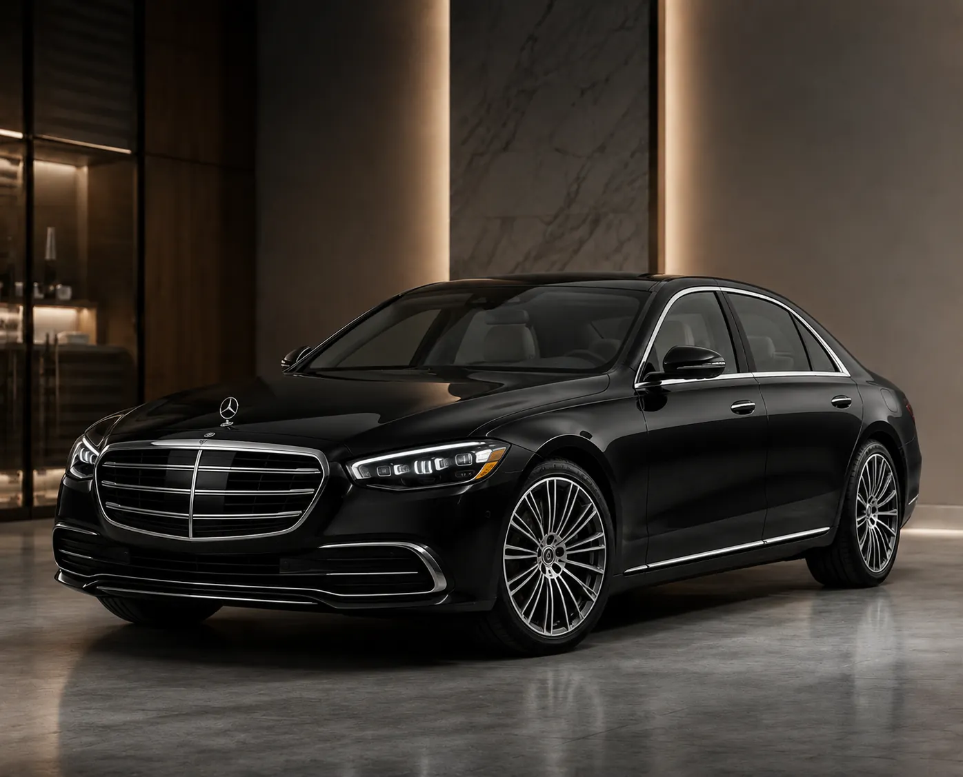 Black Mercedes-Benz luxury sedan parked in a modern upscale showroom with warm lighting and polished reflective flooring.