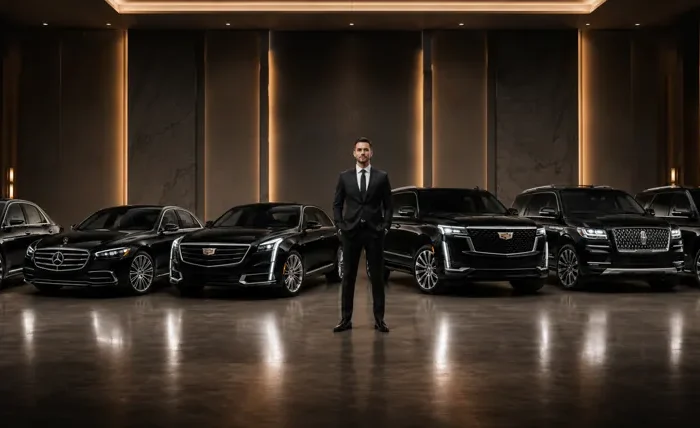 Luxury black car fleet with chauffeur in showroom.