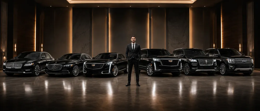 Luxury black car fleet with chauffeur in showroom.