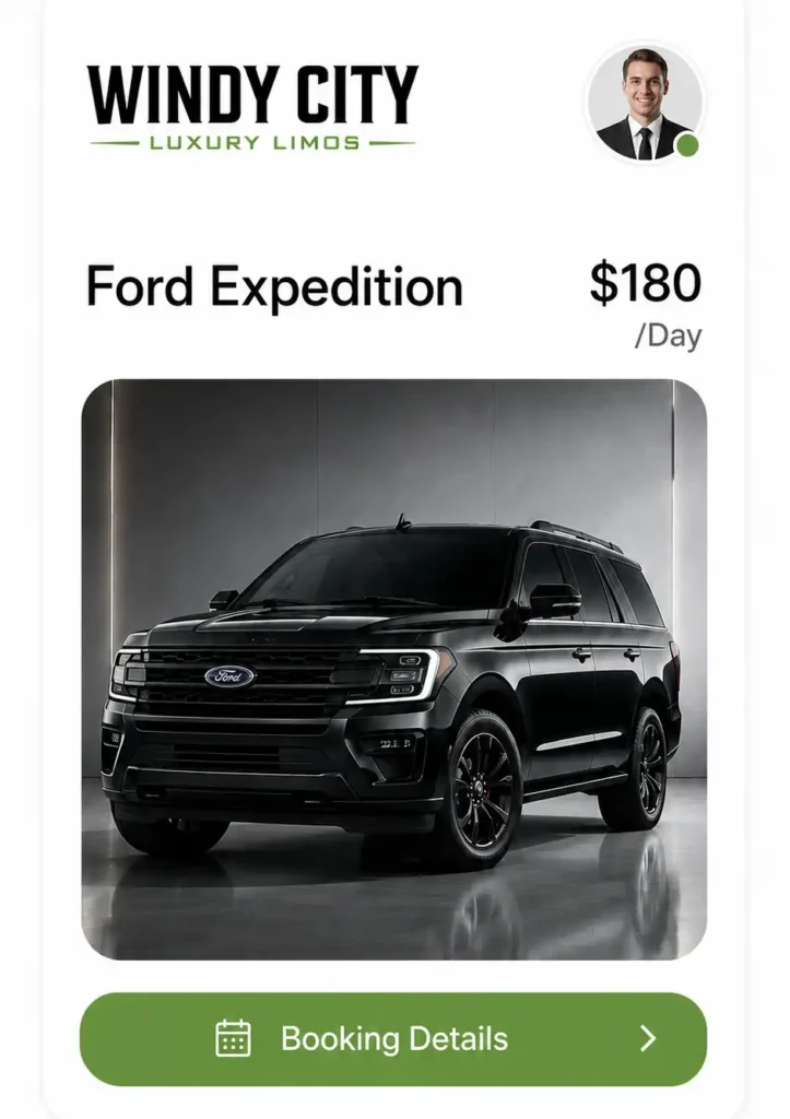 Mobile car rental booking screen featuring Windy City Luxury Limos branding, a black Ford Expedition SUV, pricing, and a Booking Details button.