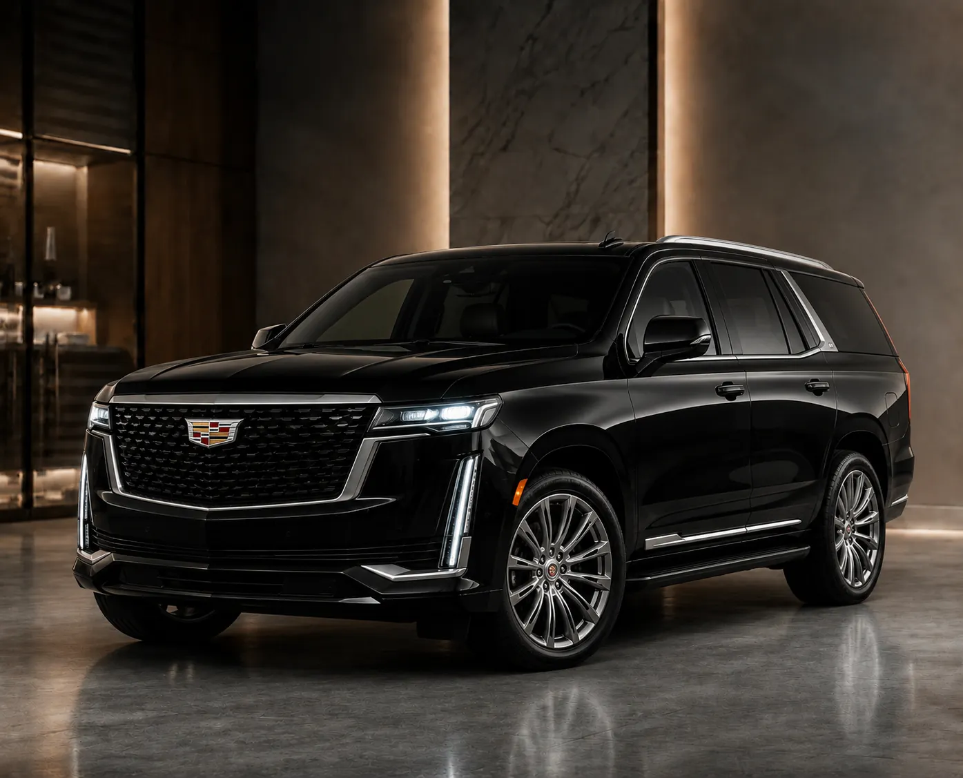 Shiny black Cadillac Escalade luxury SUV parked in an elegant modern showroom with warm lighting and polished reflective flooring.