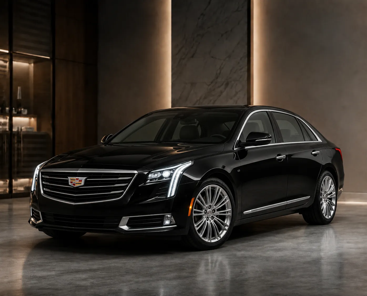 Shiny black Cadillac XTS luxury sedan parked in an elegant modern showroom with warm lighting and polished reflective flooring.