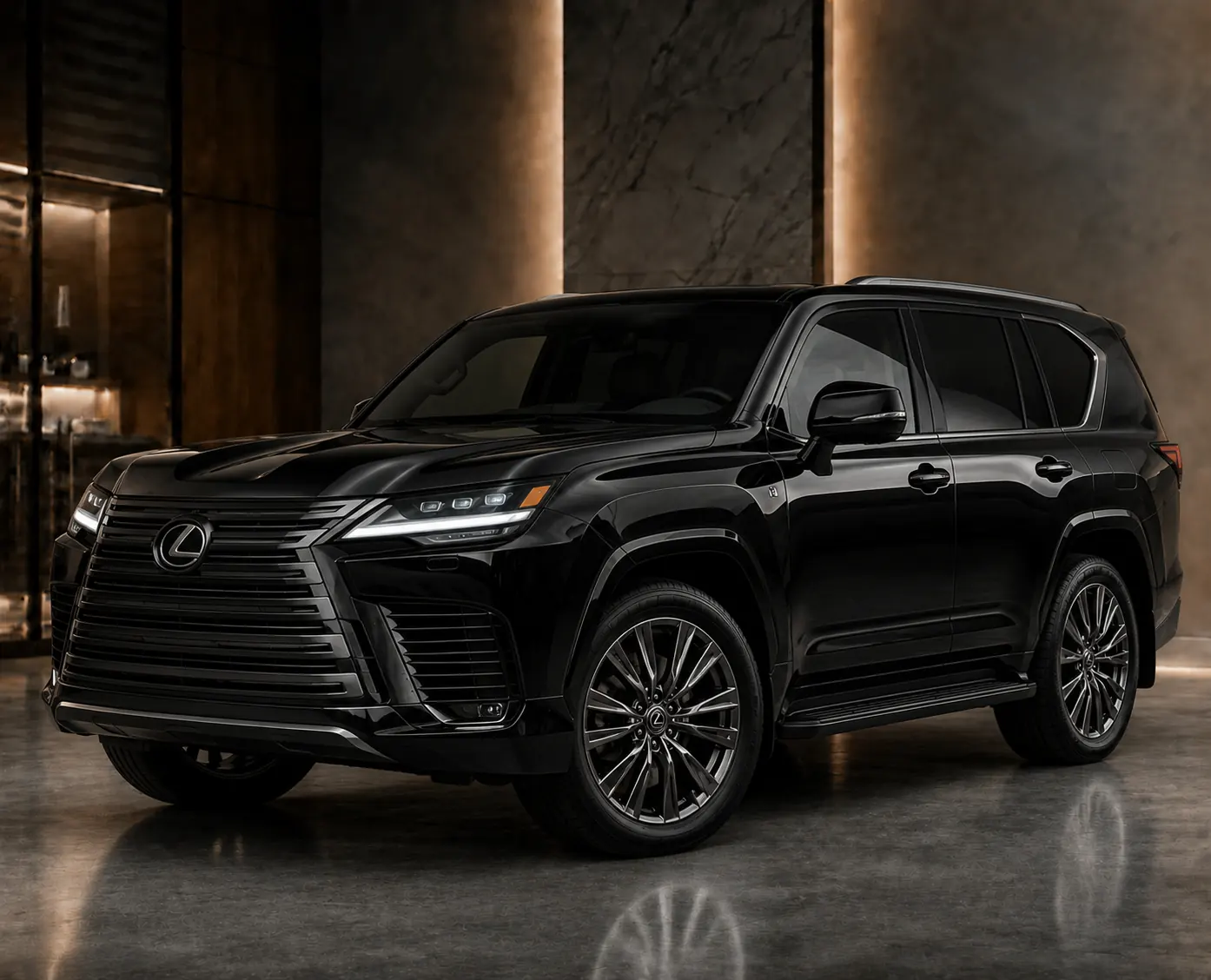 Shiny black Lexus LX 600 luxury SUV parked in an elegant modern showroom with warm lighting and polished reflective flooring.