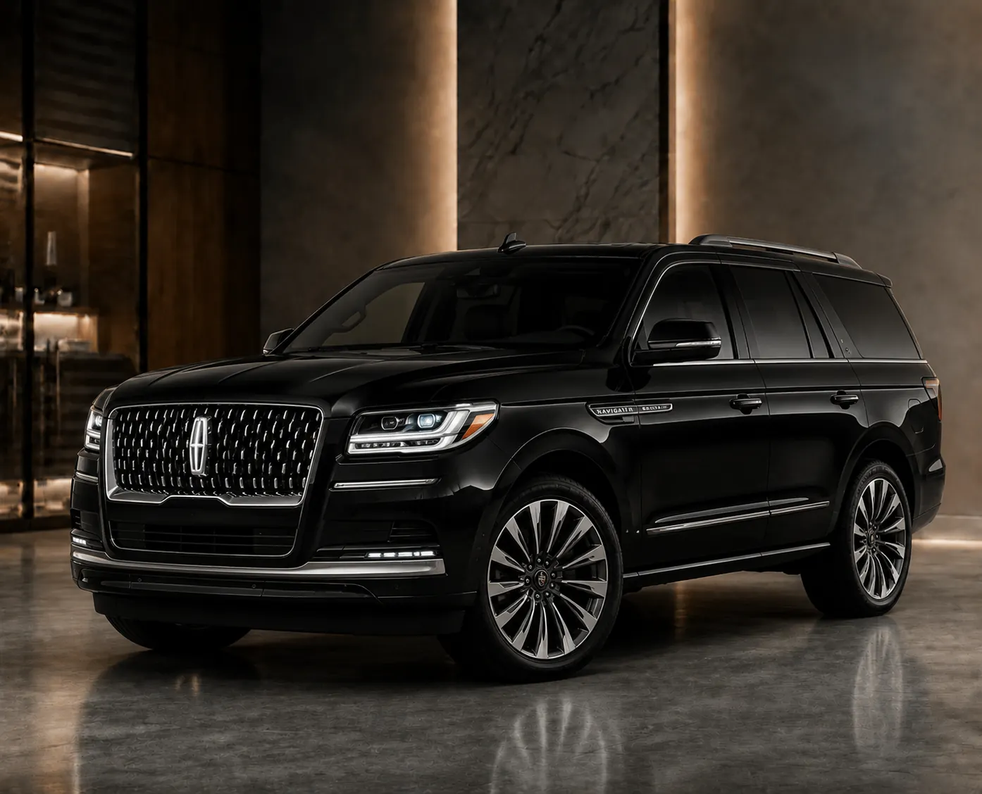 Shiny black Lincoln Navigator luxury SUV parked in an upscale modern showroom with warm lighting and polished reflective flooring.