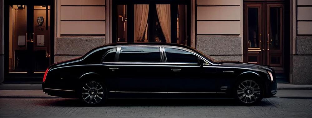 Black luxury sedan parked against the Chicago skyline representing premium limousine and black SUV chauffeur service