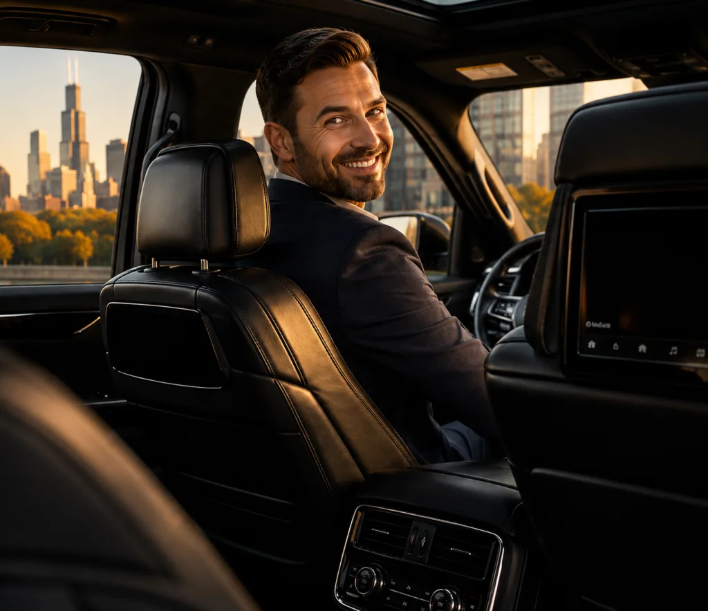 Smiling professional chauffeur in a suit looking back from the driver seat of a luxury black SUV with the Chicago skyline in the background
