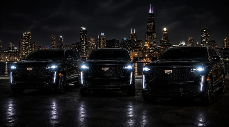 Black car service in Chicago with a luxury chauffeur-driven vehicle for executive and private transportation.