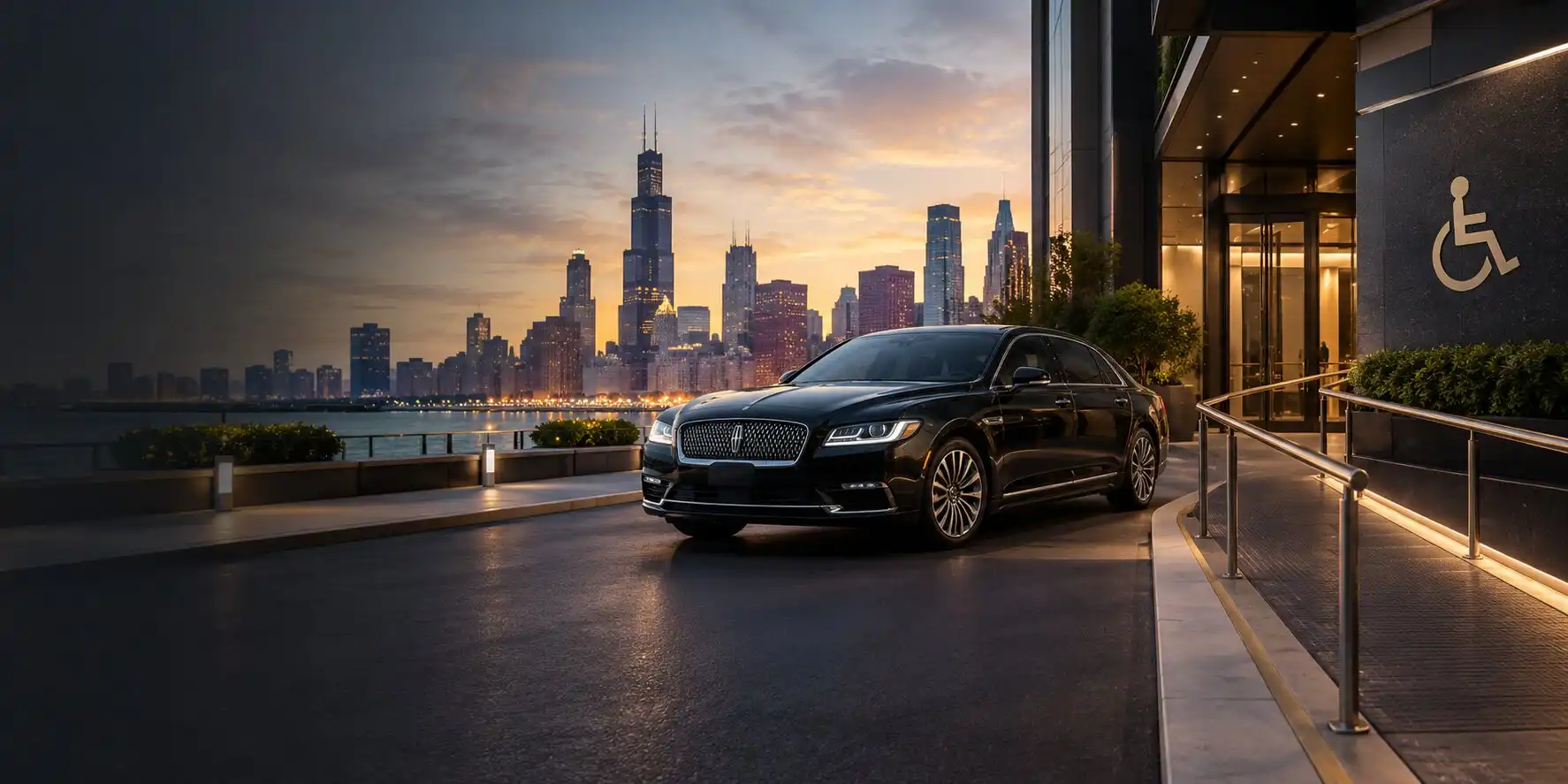 Luxury black limousine outside an Accessibility Statement building entrance with a wheelchair ramp and Chicago skyline at sunset.