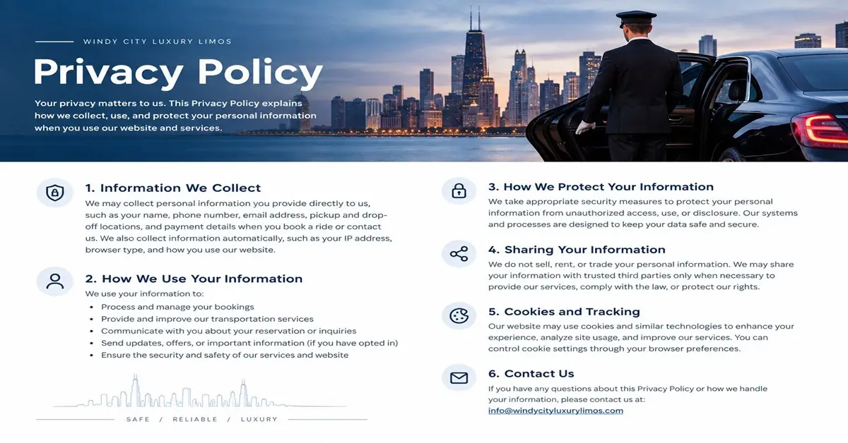 Privacy Policy for Windy City Luxury Limos with Chicago skyline, luxury limousine, and professional chauffeur.