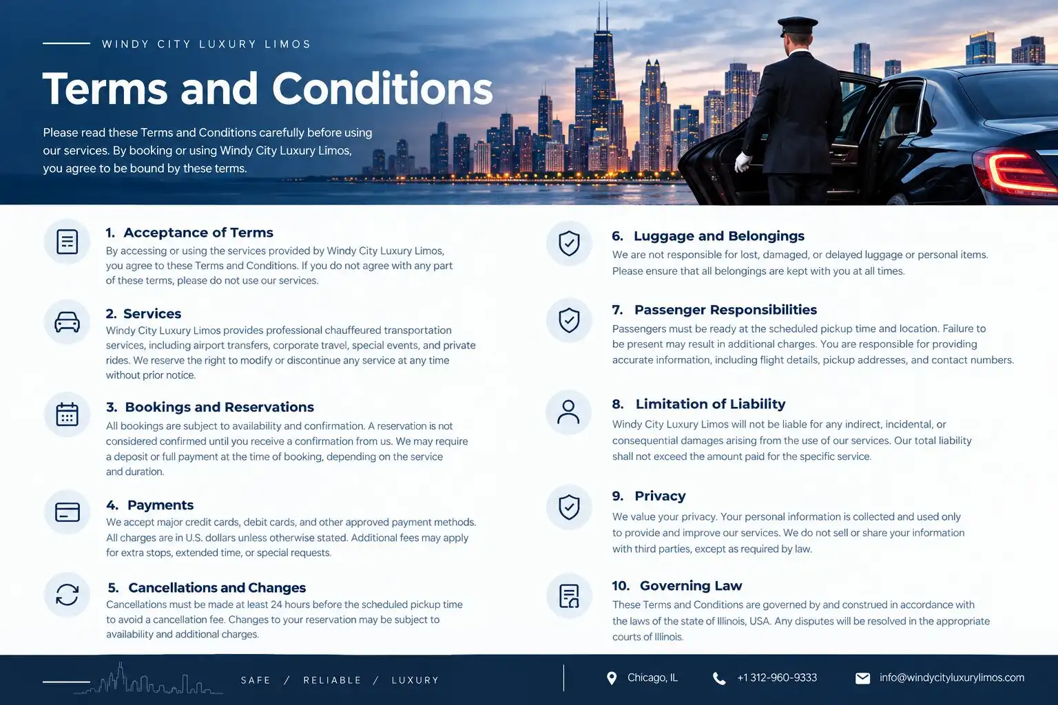 Terms and Conditions page for Windy City Luxury Limos featuring a Chicago skyline, luxury limousine, and professional chauffeur.