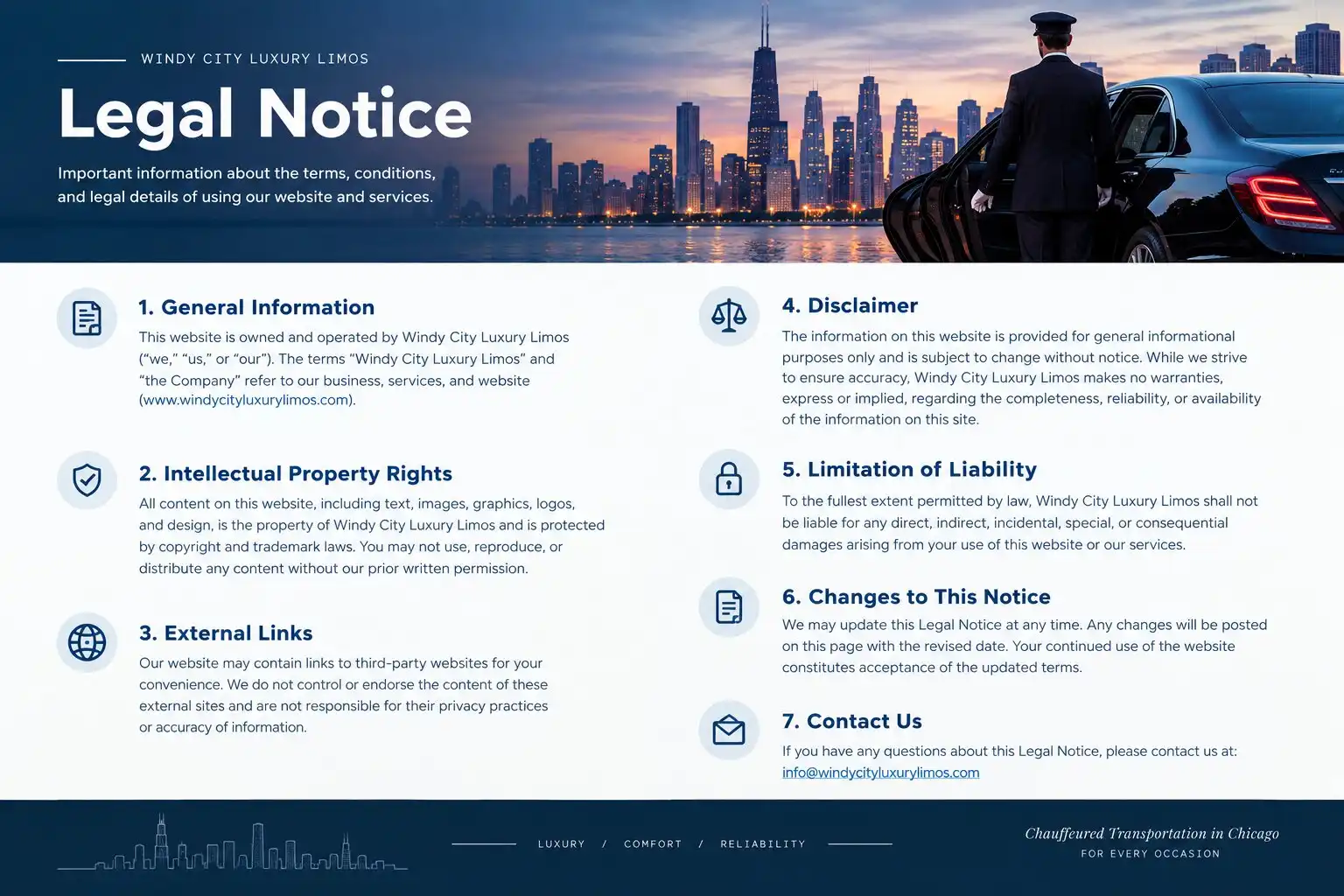 Windy City Luxury Limos legal notice with a chauffeur beside a black sedan and the Chicago skyline at sunset